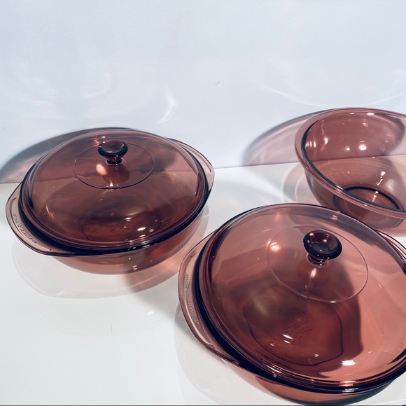 PYREX Amethyst Cranberry Purple Casserole And Bowl Set Of 3 - Picture 2 of 16